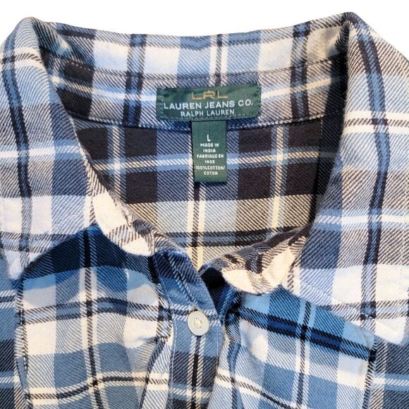 RALPH LAUREN Ruffle Front Plaid Button Up Flannel Shirt Womens L Derby Modest - Picture 7 of 11